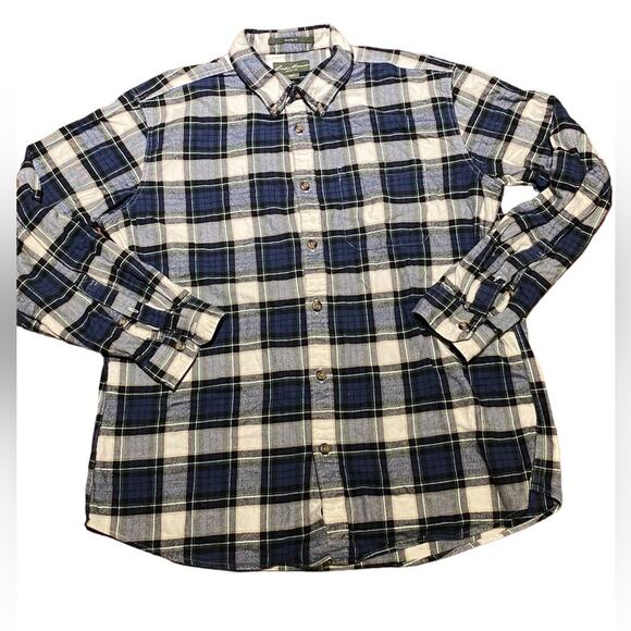 Eddie Bauer Blue and White Flannel Relaxed Fit Mens Large Button Up Shirt - Picture 1 of 5